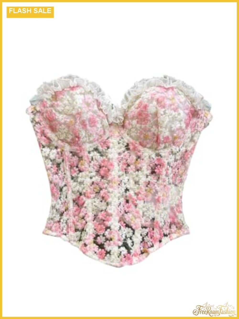 Women's Floral Corset Top Sheer Ruffle Lace Up Bustier Crop Top